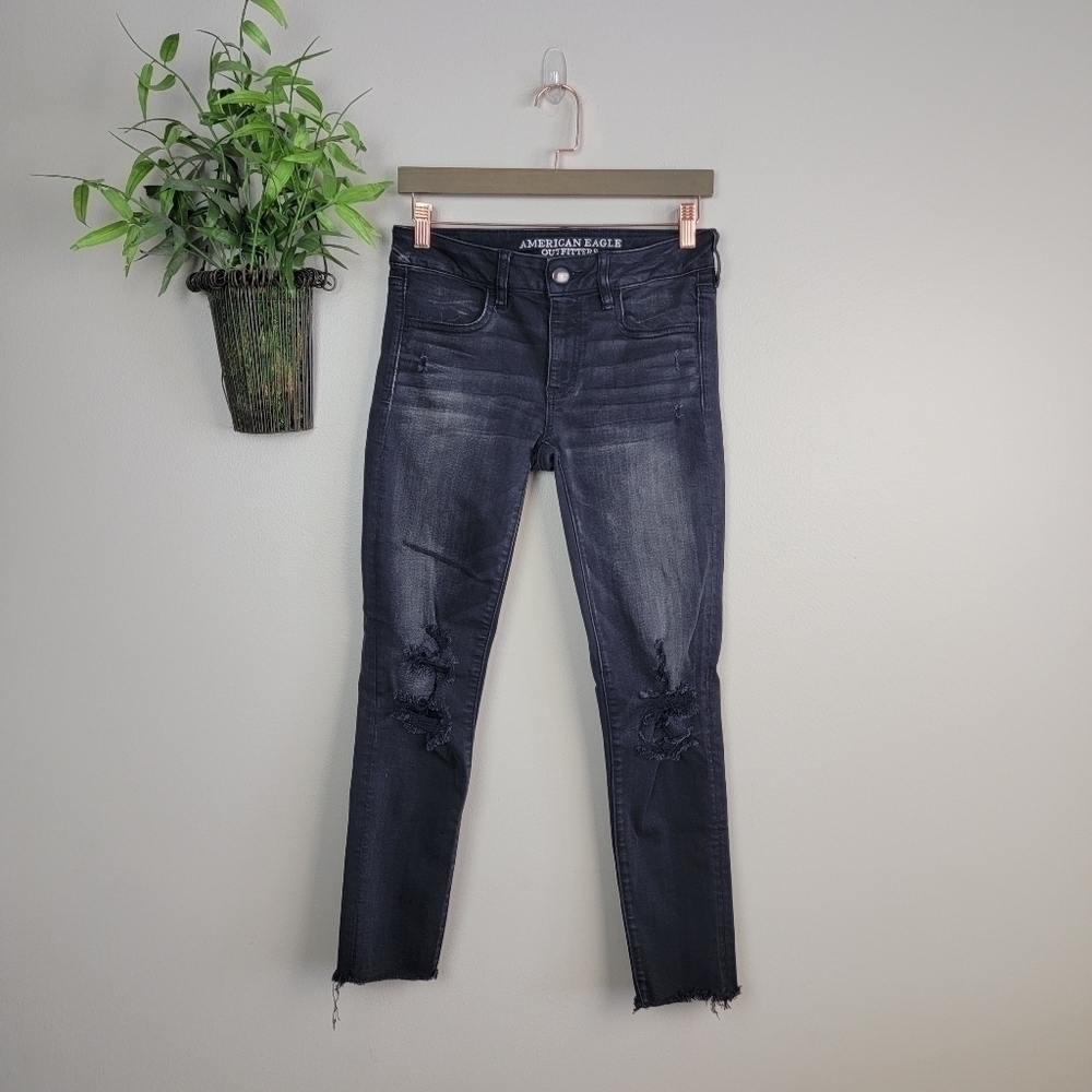 American Eagle Jegging Faded Black Skinny Distressed Frayed Jeans AE 4 Y2K